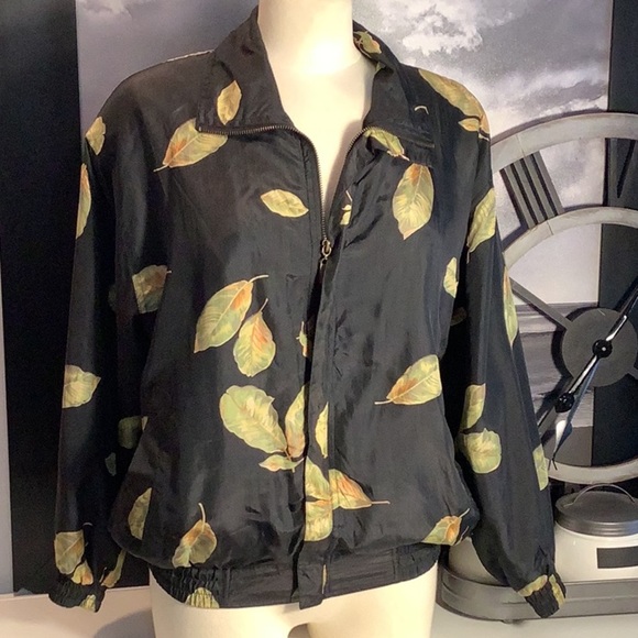 Fuda International Jackets & Blazers - Vintage Fuda International Black Silk Leaf Pattern Zip Bomber Jacket Sz S